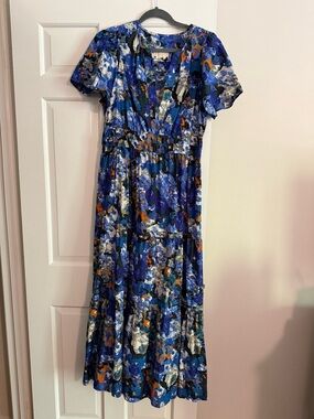 Anthropologie Blue Abstract Floral Maxi Dress with Orange Accents